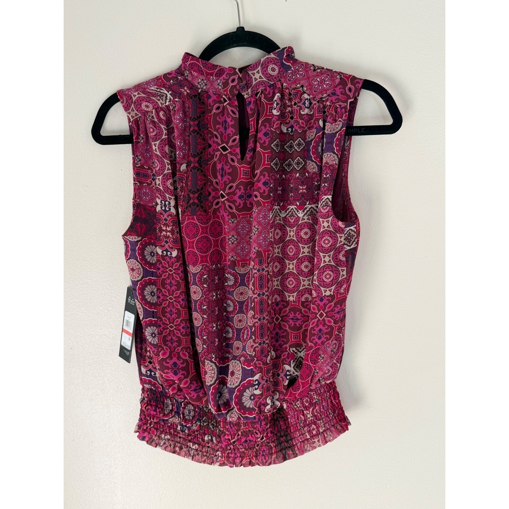 NWT Karl Lagerfeld Paris Pink Purple Paisley Mock Neck Smocked Blouse XS